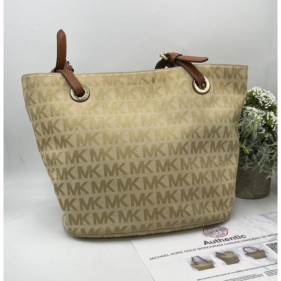 Michael Kors Authenticated Jet Set Canvas Leather 38t2xttt2j Beige Brown Tote - Picture 3 of 15